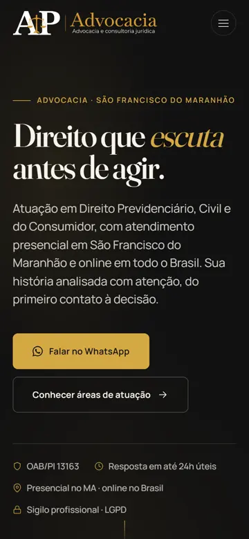 Tela 1 do site Alice Pacheco Advocacia no celular: a proposta, o whatsapp e os selos de confiança na primeira tela