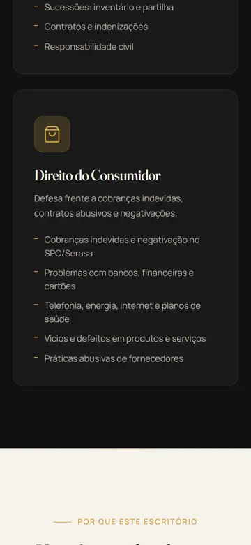 Tela 3 do site Alice Pacheco Advocacia no celular: cada área com os casos mais comuns, sem juridiquês