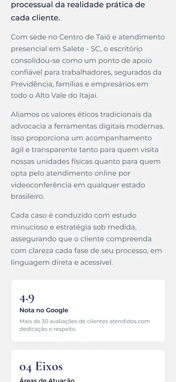 Tela 2 do site Cecconello Souza Advogados no celular: o escritório e a nota 4,9 do google, logo em seguida