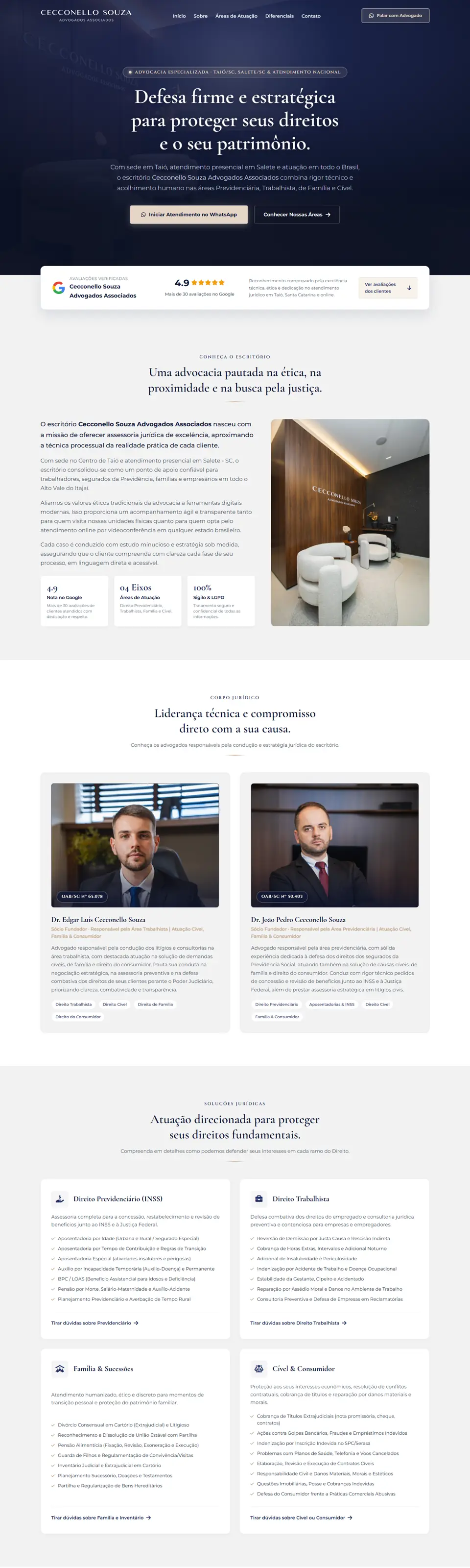 Página inicial completa do site Cecconello Souza Advogados