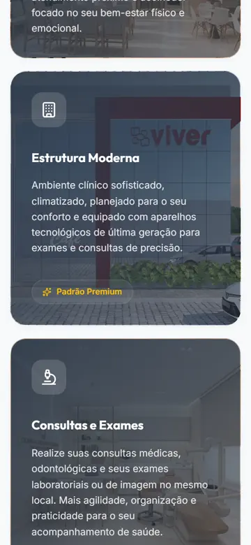 Tela 2 do site Clínica Viver no celular: a estrutura e os exames, em cartões