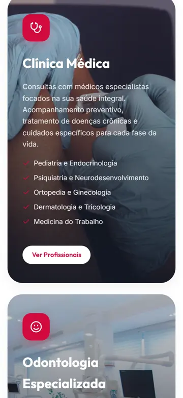 Tela 3 do site Clínica Viver no celular: cada área com as suas especialidades