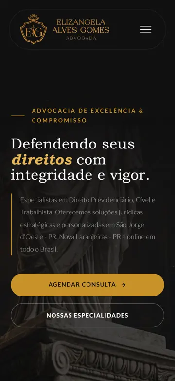 Tela 1 do site Elizangela Alves Gomes no celular: preto, dourado e o agendamento de consulta no topo