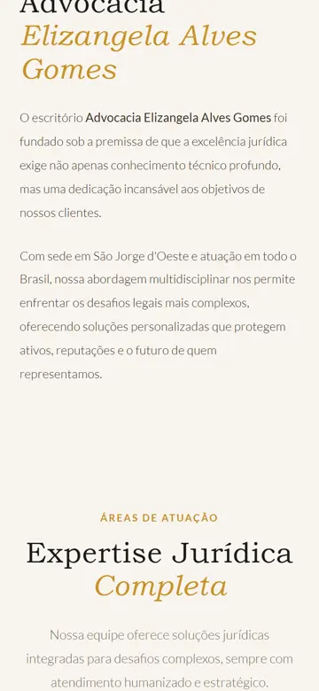 Tela 2 do site Elizangela Alves Gomes no celular: a história do escritório, em texto curto