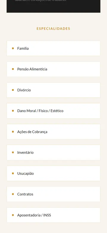 Tela 3 do site Elizangela Alves Gomes no celular: as especialidades em uma lista direta