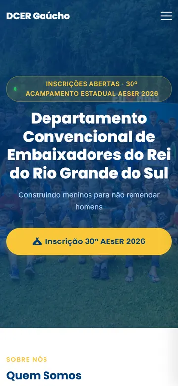 Tela 1 do site Embaixadores do Rei no celular: o aeser 2026 e o botão de inscrição na primeira tela