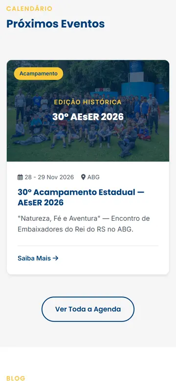 Tela 2 do site Embaixadores do Rei no celular: o acampamento estadual em destaque na agenda