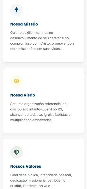 Tela 3 do site Embaixadores do Rei no celular: missão, visão e valores, em cartões