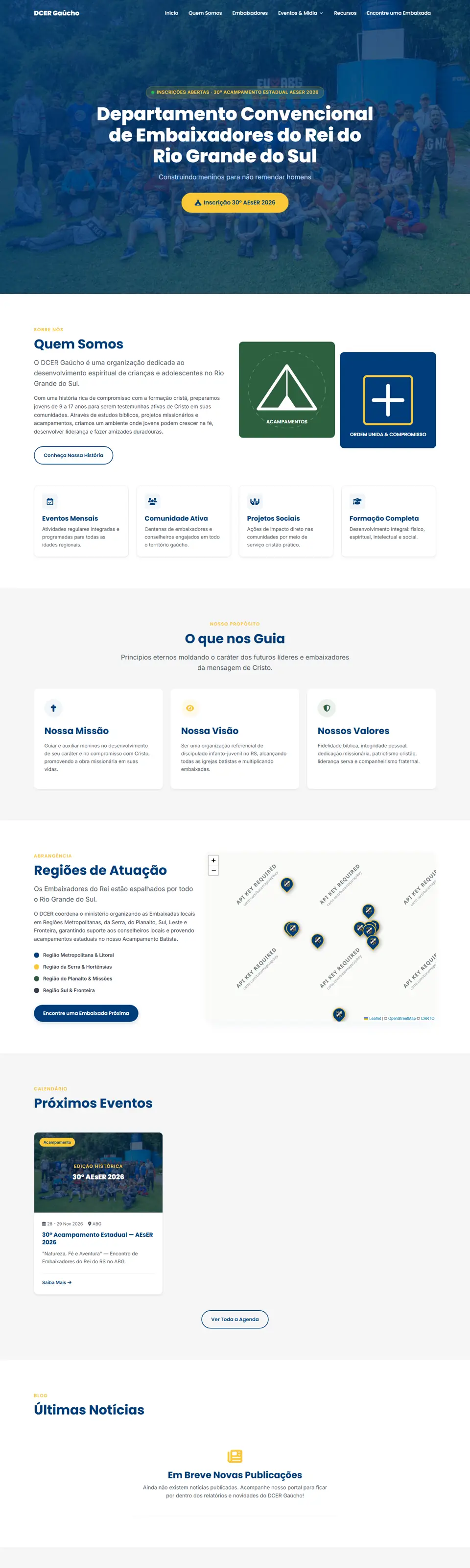 Página inicial completa do site Embaixadores do Rei