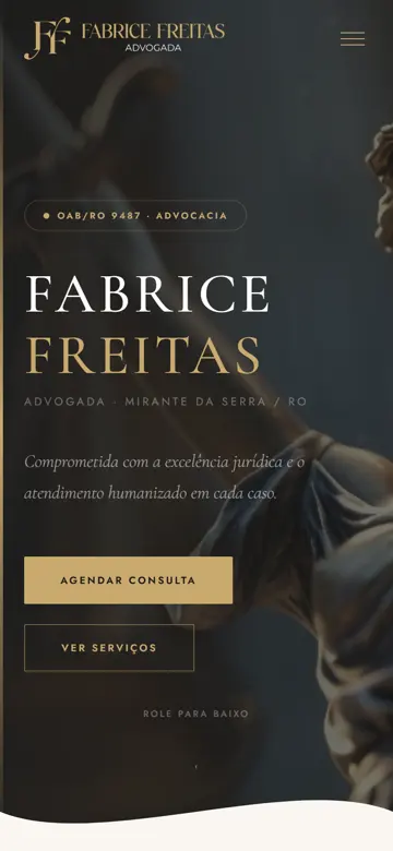 Tela 1 do site Fabrice Freitas no celular: o nome em destaque, com oab/ro e o agendamento