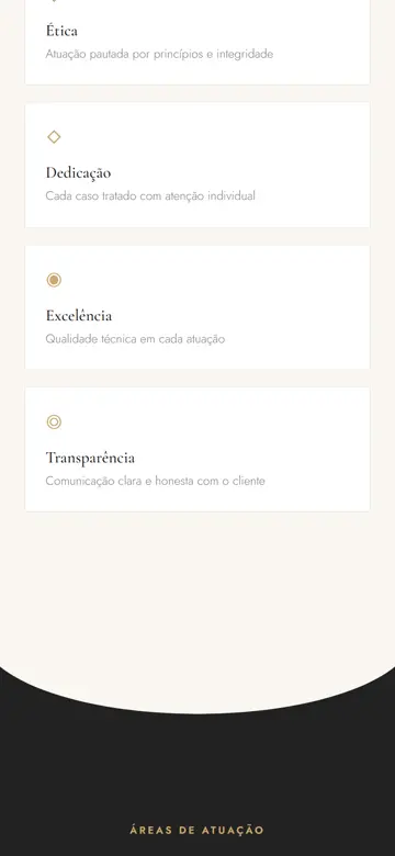 Tela 3 do site Fabrice Freitas no celular: os valores: ética, dedicação, excelência e transparência