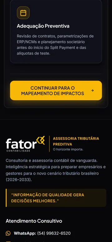 Tela 3 do site Fator Contabilidade & XP no celular: o botão para seguir e o contato direto com a fator