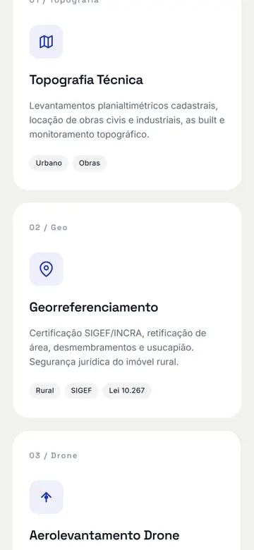 Tela 3 do site Geo Demarcação no celular: cada serviço com o seu uso: topografia, georreferenciamento e drone