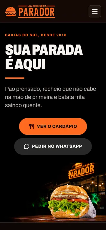 Site Hamburgueria Parador no celular