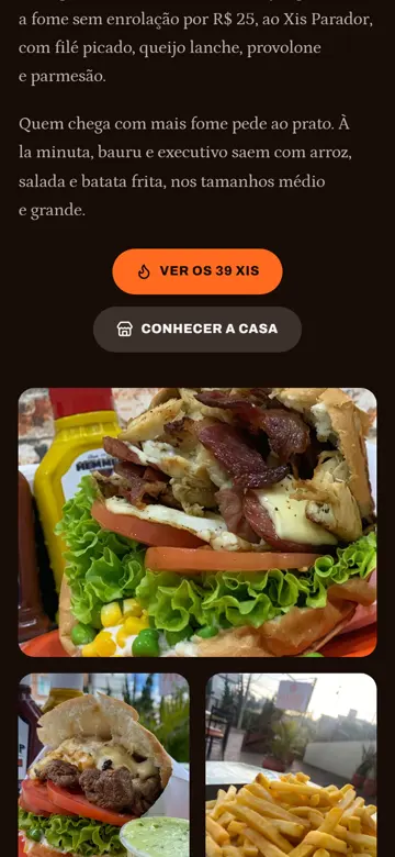 Tela 2 do site Hamburgueria Parador no celular: os xis mais pedidos, com foto de verdade