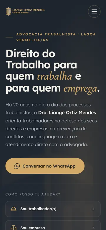 Tela 1 do site Liange Ortiz Mendes no celular: logo no topo: "sou trabalhador" ou "sou empresa"