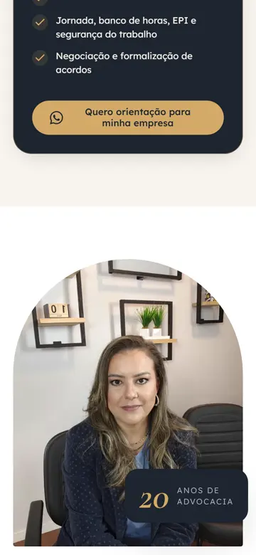 Tela 3 do site Liange Ortiz Mendes no celular: a advogada, com os 20 anos de advocacia em destaque