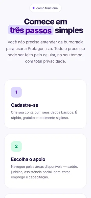 Tela 2 do site Protagonizza no celular: três passos simples para começar, sem burocracia