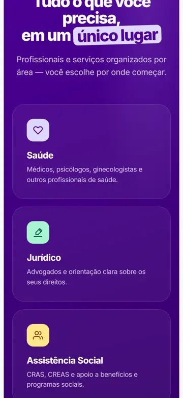 Tela 3 do site Protagonizza no celular: as áreas de apoio, uma por cartão