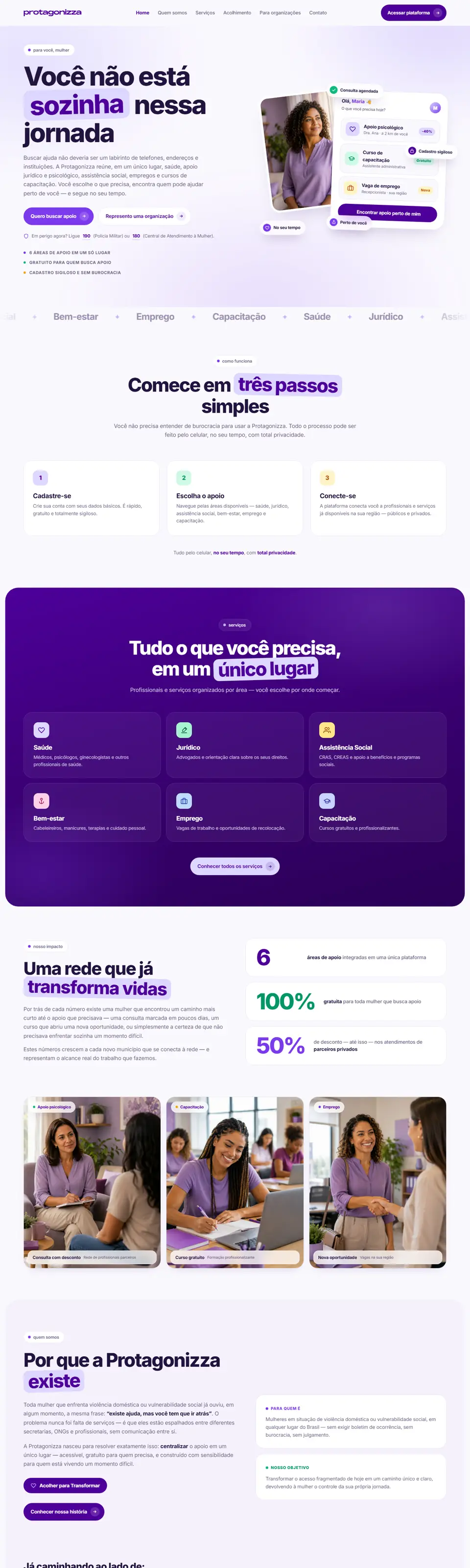 Página inicial completa do site Protagonizza