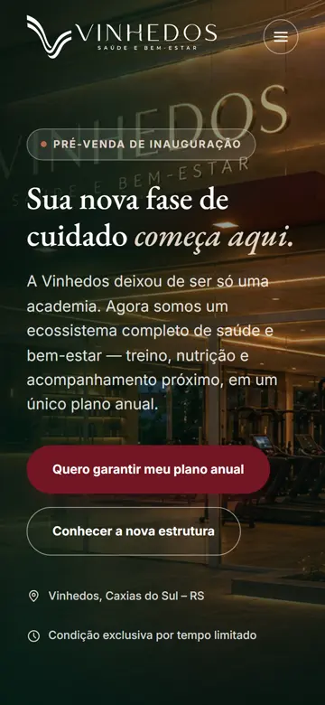 Tela 1 do site Vinhedos Saúde e Bem-Estar no celular: a pré-venda e o plano anual logo no topo