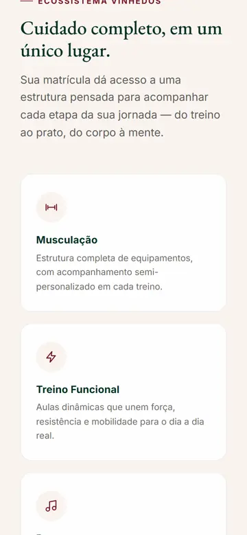 Tela 2 do site Vinhedos Saúde e Bem-Estar no celular: o ecossistema, um cartão por cuidado